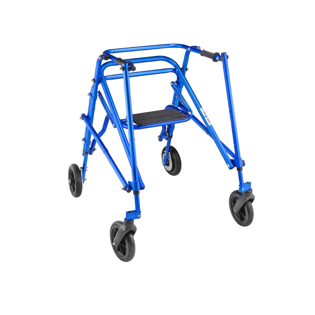 The Circle Specialty Klip Pediatric Posterior Walker is a blue, height-adjustable mobility aid with four black wheels and a built-in seat. This lightweight, sturdy-frame walker for special needs is shown on a white background.